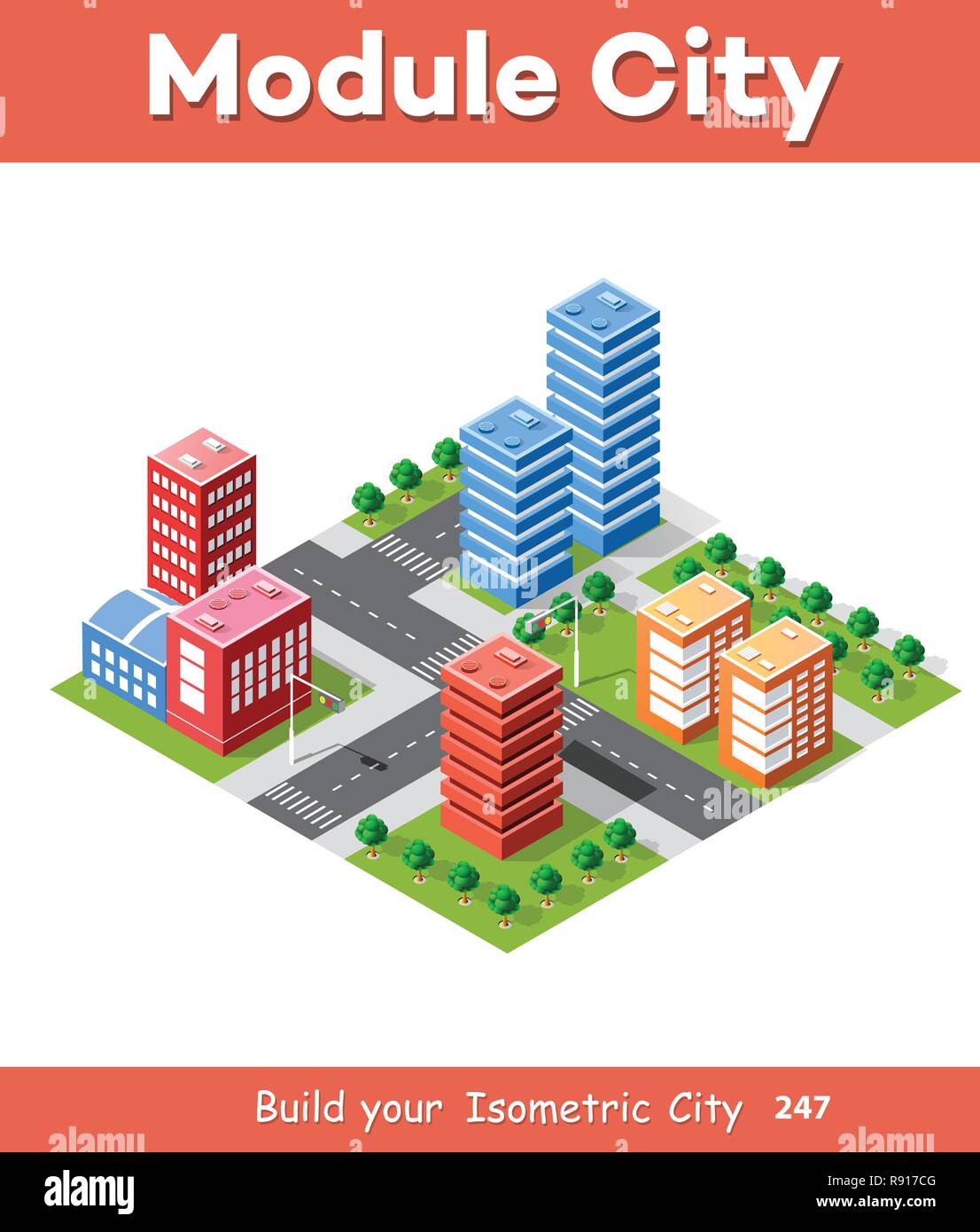3D isométrique colorés des maisons de ville et la rue de l'urban paysage multicolore Illustration de Vecteur