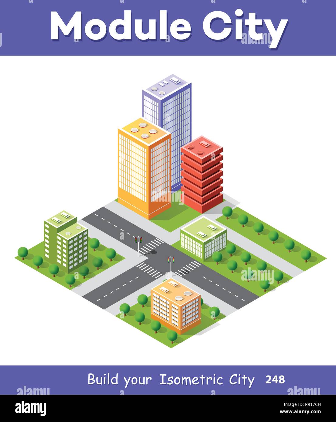 3D isométrique colorés des maisons de ville et la rue de l'urban paysage multicolore Illustration de Vecteur
