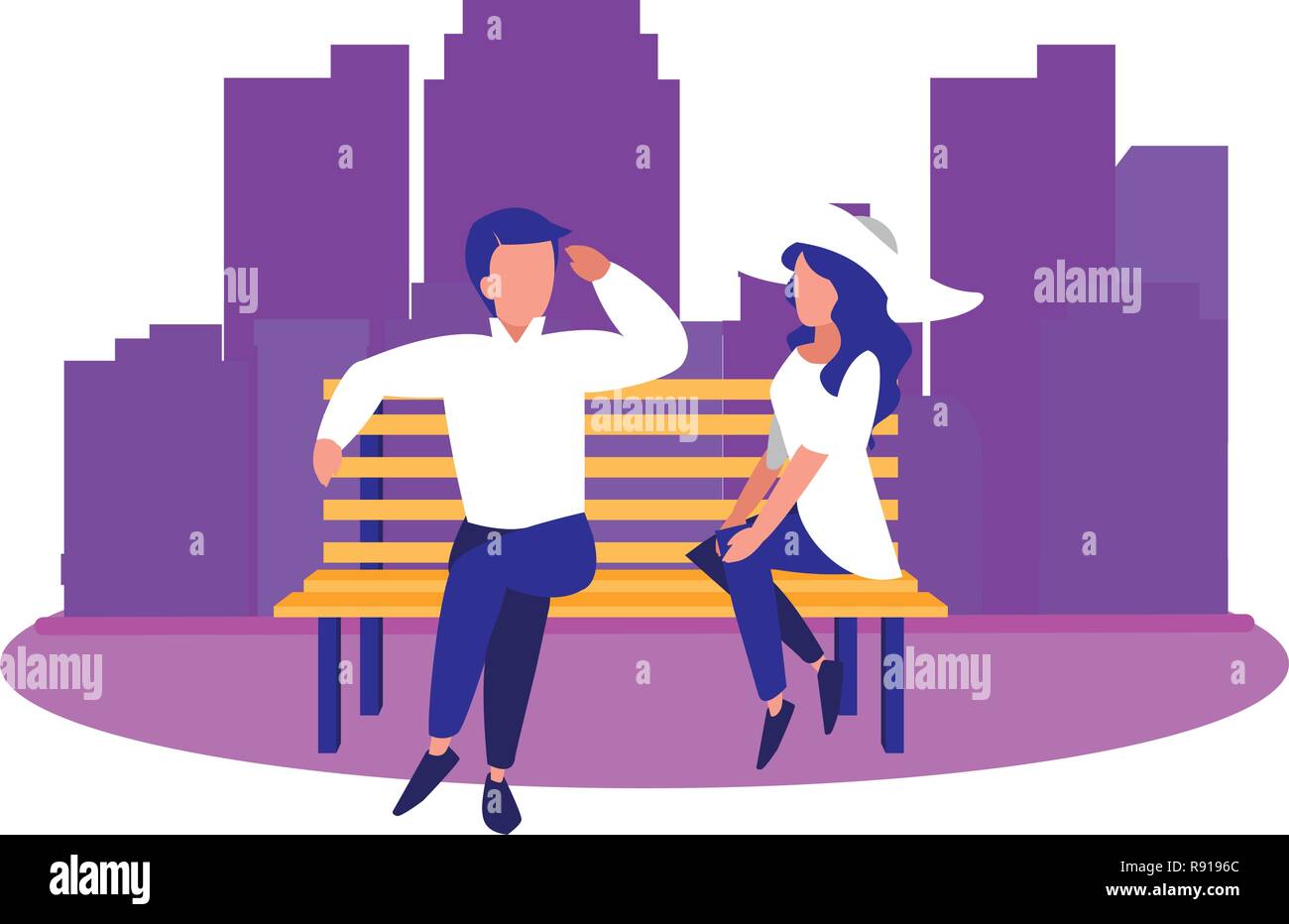 Couple sitting on bench cityscape vector illustration Illustration de Vecteur