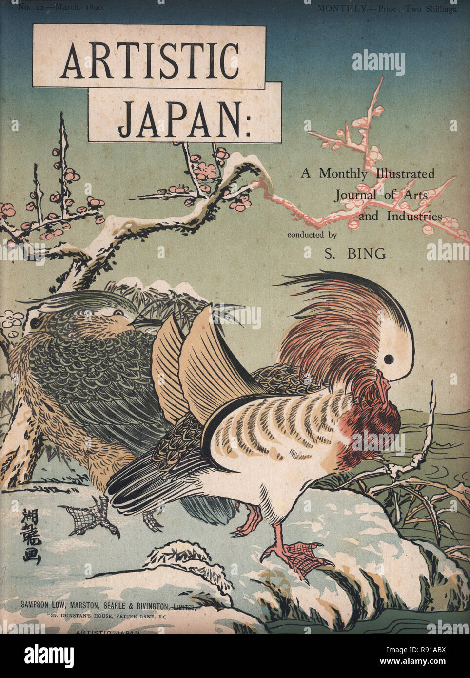 Couverture de la revue Le Japon artistique de l'époque victorienne, 1890 Le canard mandarin (Aix galericulata) est une espèce de canards percheurs trouvés en Asie de l'Est. Banque D'Images