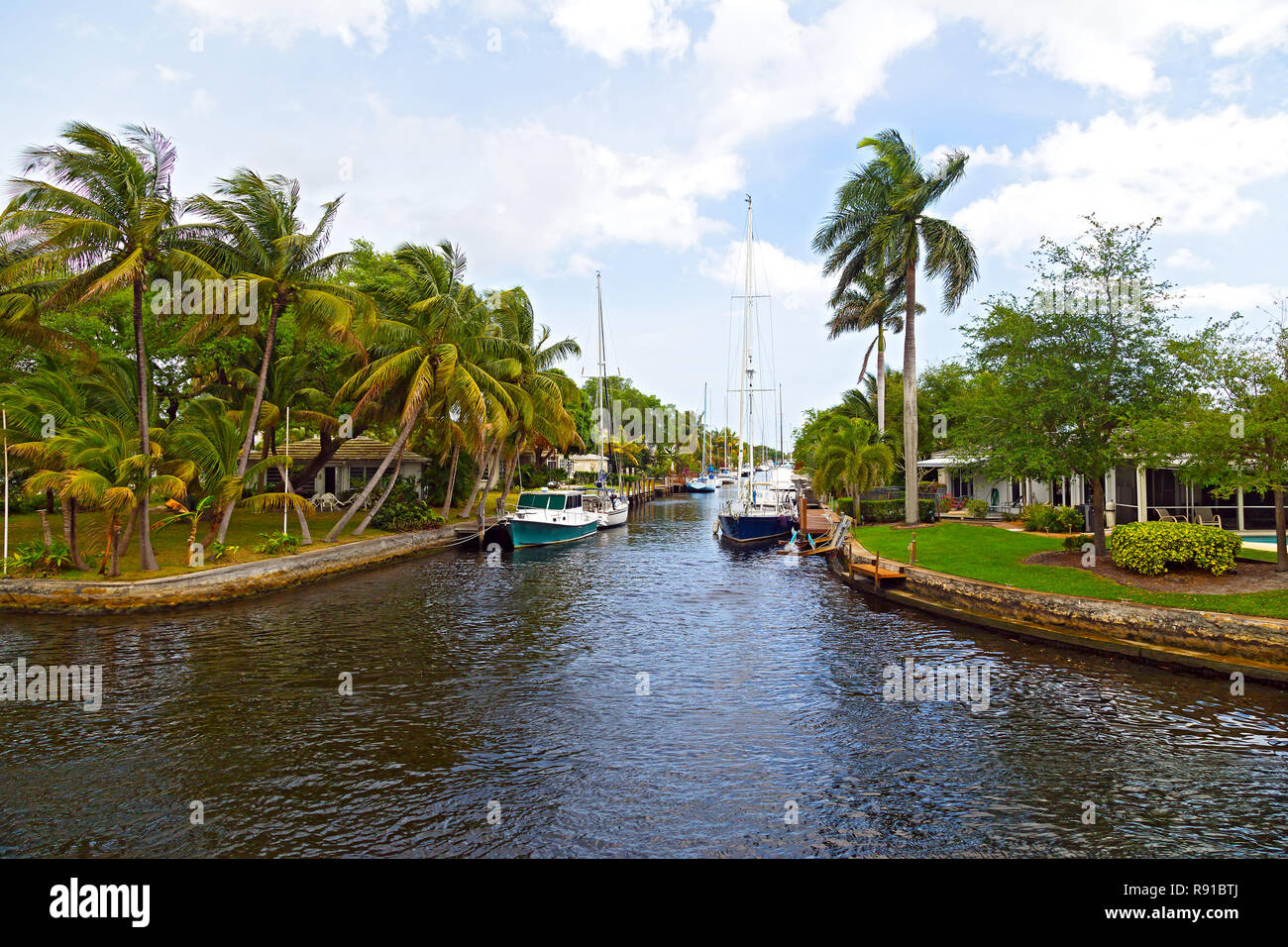 Bateaux amarrés le long du canal dans la banlieue de Miami, Floride. Palmiers et disponibles sous le bleu ciel nuageux. Banque D'Images