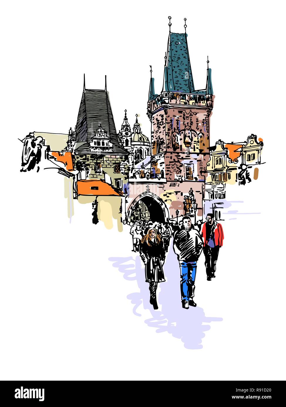 Une vue de la tour du pont Charles à Prague esquisse Illustration de Vecteur