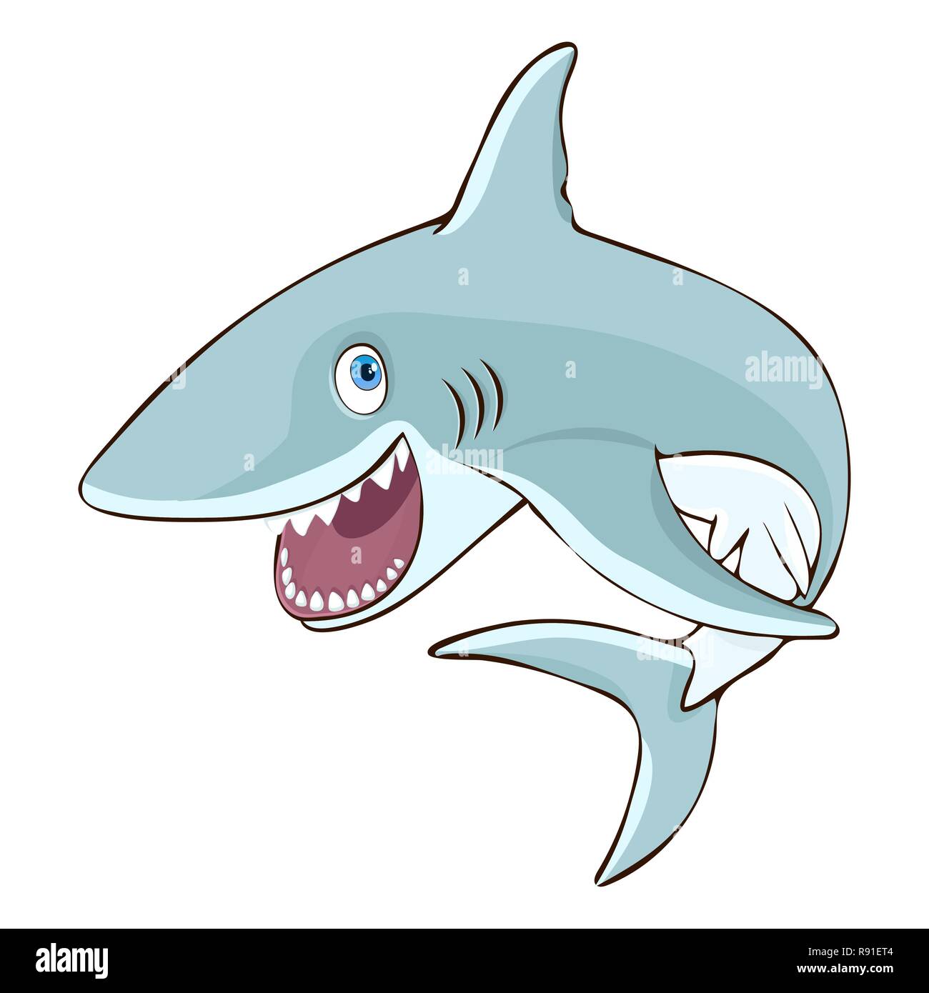 Shark saute hors de l'eau, de caractère de dessin animé, la caricature d'illustration vectorielle, autocollant, élément de conception. Peint coloré mignon drôle avec requin poisson Illustration de Vecteur