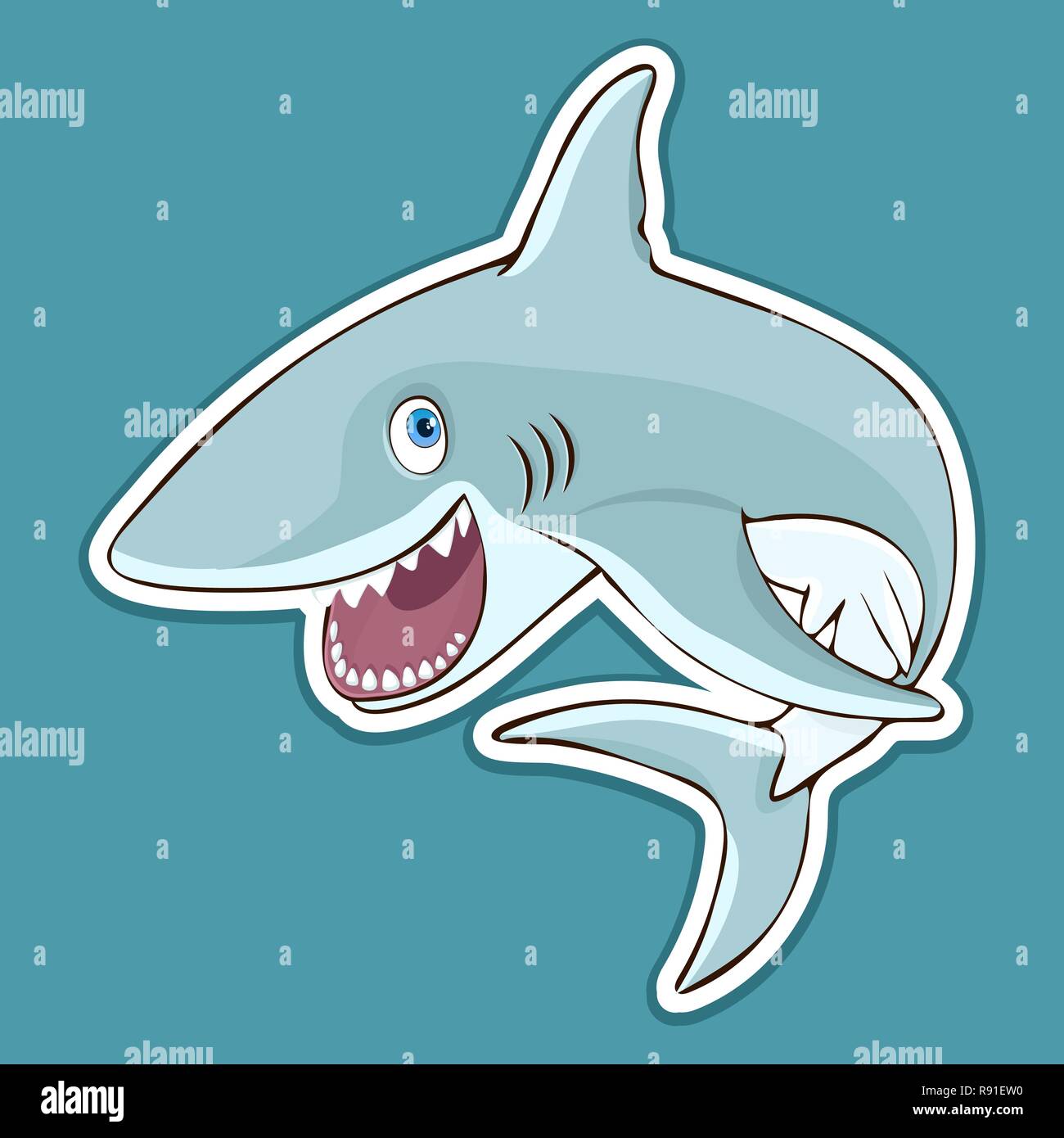 Funny Cute requin poisson saute hors de l'eau, élément de design autocollant coloré, dessin à la main, personnage, vector illustration, caricature, isola Illustration de Vecteur