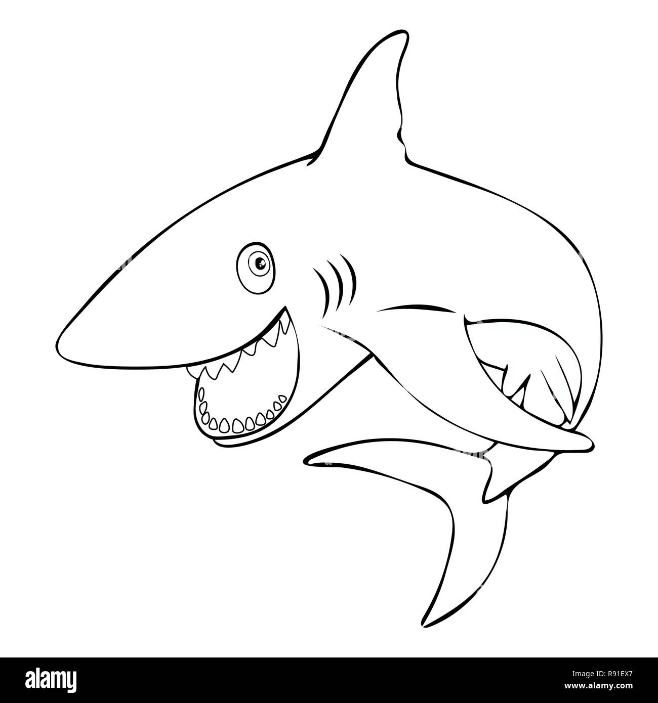 Funny fish shark smiling saute hors de l'eau, linéaire dessin à la main, personnage, vector illustration noir et blanc, couleur, croquis, silhou Illustration de Vecteur