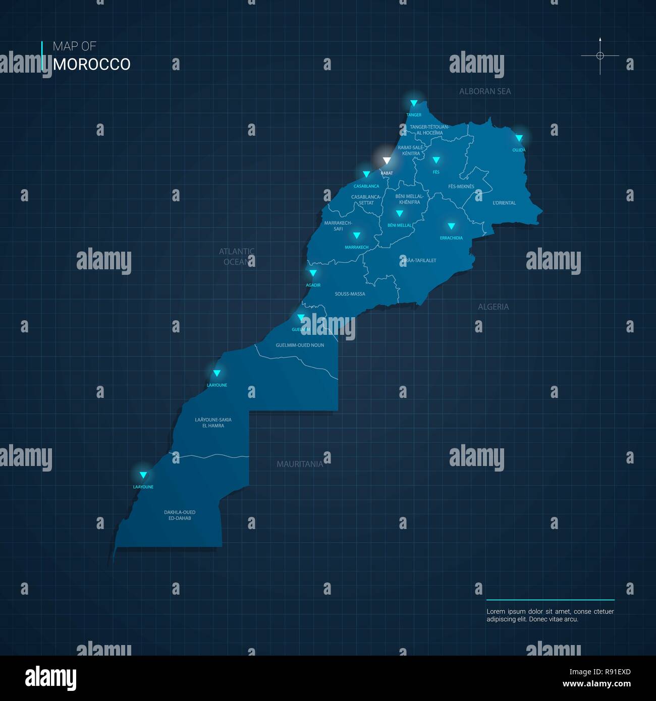 Maroc carte vecteur illustration avec néon bleu lightpoints - triangle sur fond dégradé bleu foncé. Illustration de Vecteur