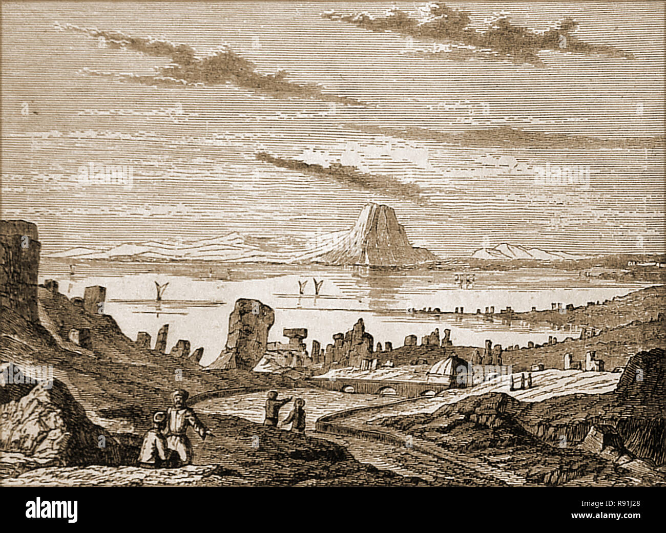 Une image représentant les anciennes ruines de la ville de Carthage, montrant le golfe de Tunis et une interprétation artistique du Djebel Boukornine, Djebel Bou Kornine(Bou Kornine ou monter. Banque D'Images