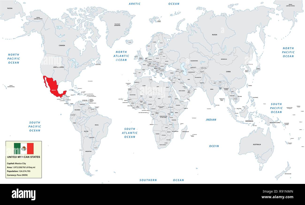 Carte du monde avec les États-Unis du Mexique, petite boîte d'informations et d'un drapeau Illustration de Vecteur