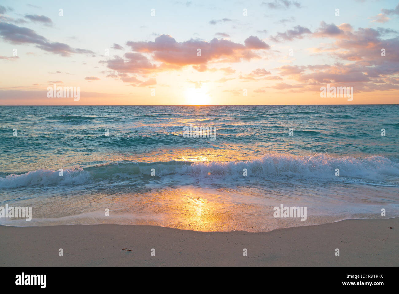 Lever du soleil avec un reflet doré dans la vague de mousse. Plage de l'océan de sable au lever du soleil à Miami Beach, Floride, USA. Banque D'Images