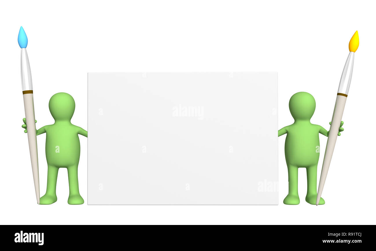 Deux marionnettes avec des pinceaux. Isolated over white Banque D'Images