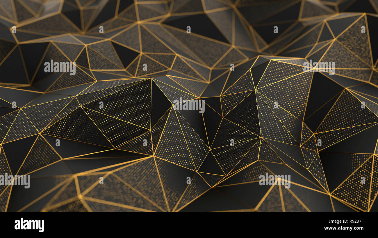 Poly-bas abstrait fond noir avec lignes d'or. Illustration 3D render Banque D'Images