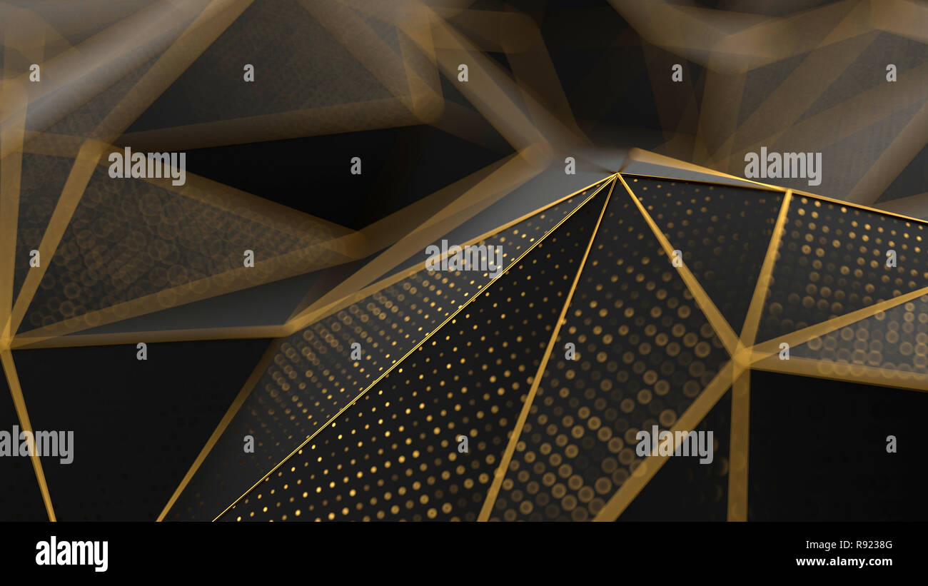 Low-poly fond noir avec lignes d'or et 6 d'effet. Illustration 3D render Banque D'Images