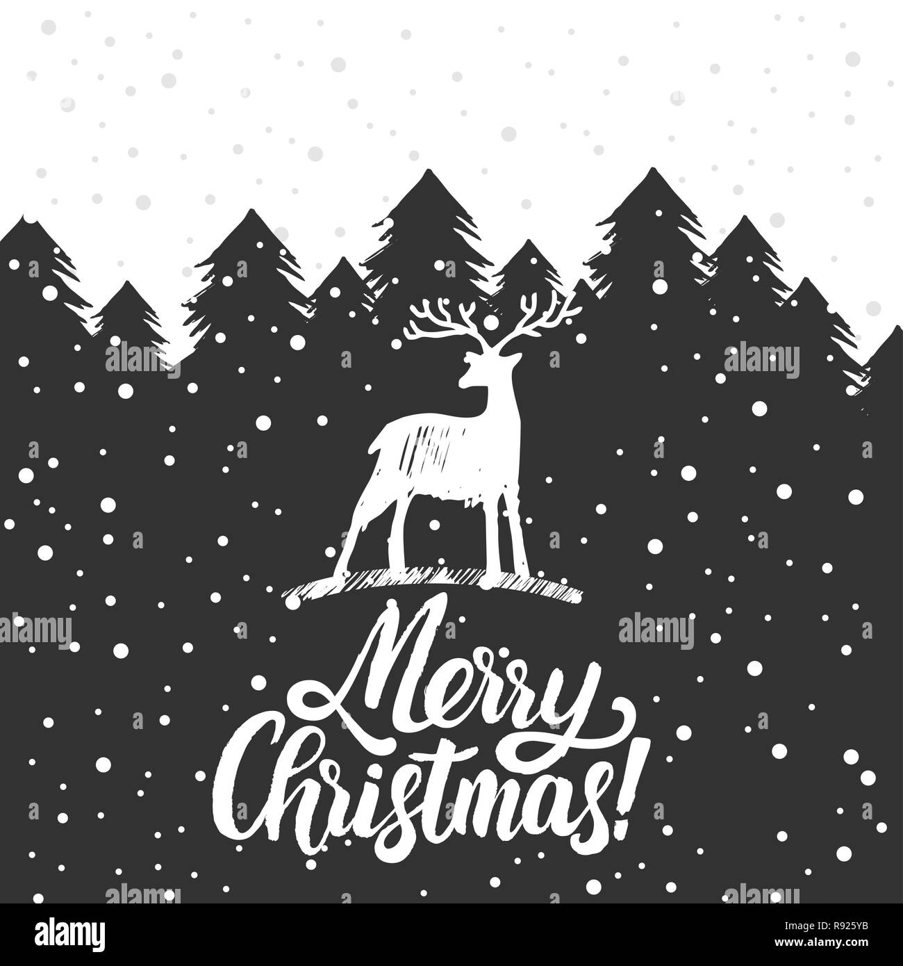 Carte de vœux de Noël. Les arbres de Noël recouvert de neige, le cerf, le lettrage Joyeux Noël. Illustration de Vecteur