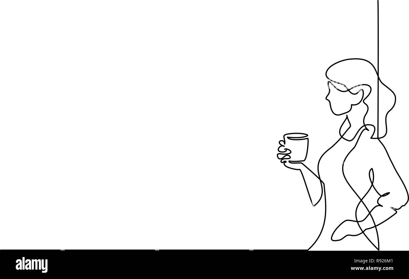 Dessin d'une ligne continue. Woman relaxing with tasse de thé. Vector illustration Illustration de Vecteur