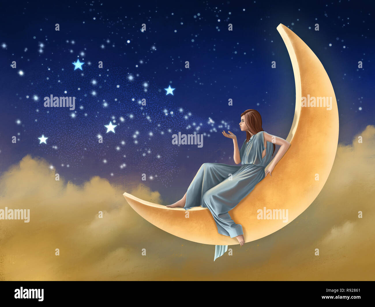 Fille sur la lune, d'étoiles et de soufflage de la poussière magique dans le ciel. Peinture numérique. Banque D'Images