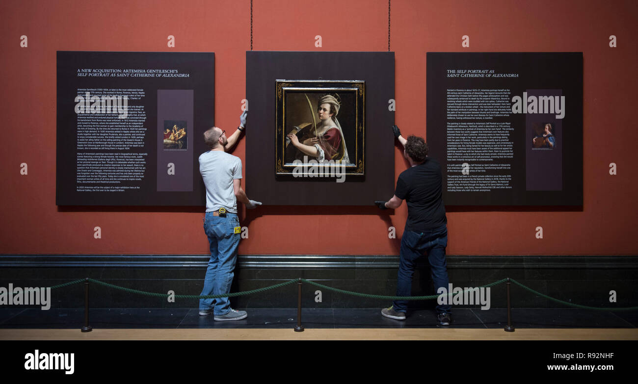 National Gallery, Londres, Royaume-Uni. 19 Décembre, 2018. En juillet 2017, la National Gallery, Londres a acquis une rare découvert récemment, l'auto-portrait par la plus célèbre artiste féminine de l'époque Baroque Italienne - Artemisia Gentileschi. Le mercredi 19 décembre 2018, Self Portrait comme Sainte Catherine d'Alexandrie, une peinture à l'huile d'environ 1615-17, va sur l'affichage public dans le centre de Hall de la Galerie nationale, après 5 mois de traitement de conservation. Credit : Malcolm Park/Alamy Live News. Banque D'Images