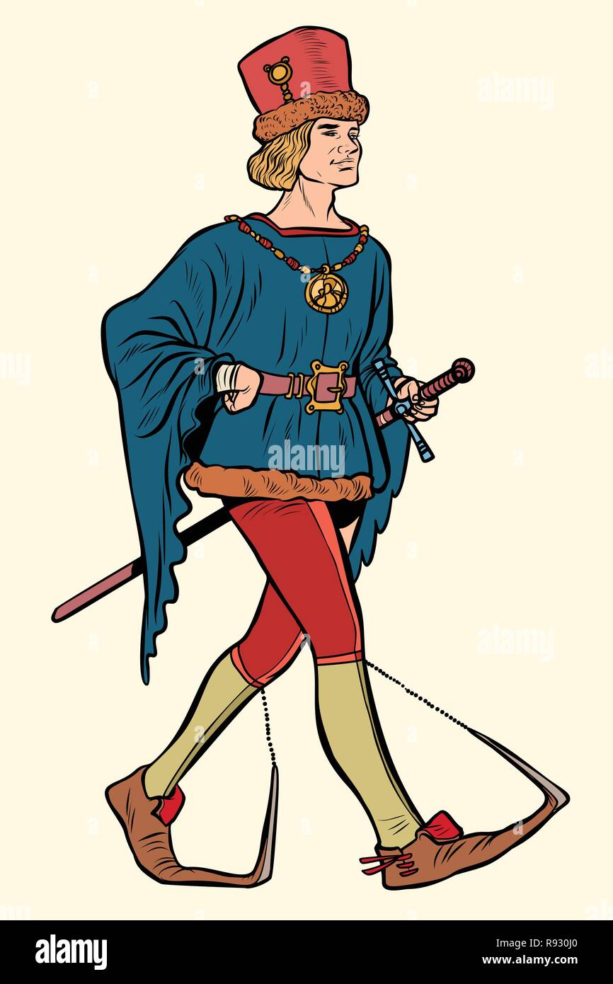Poulaines usé, l'homme médiéval du 15ème siècle. Pop art retro kitsch vintage illustration vectorielle Illustration de Vecteur