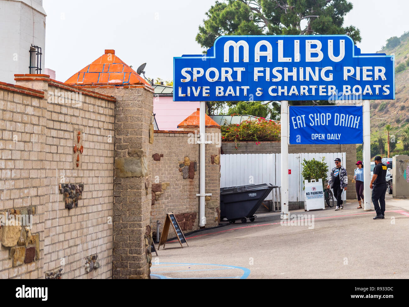 MALIBU, Californie, USA - 5 février 2018 : avis de l'enseigne 'Malibu sport fishing pier appâts et des bateaux de location Banque D'Images