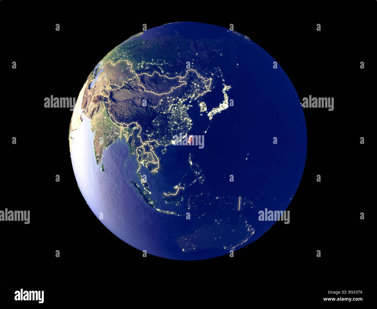 Taiwan à partir de l'espace sur le modèle de la planète Terre avec les lumières de la ville. Des détails très fins de la surface de la planète en plastique et les villes. 3D illustration. Éléments de t Banque D'Images