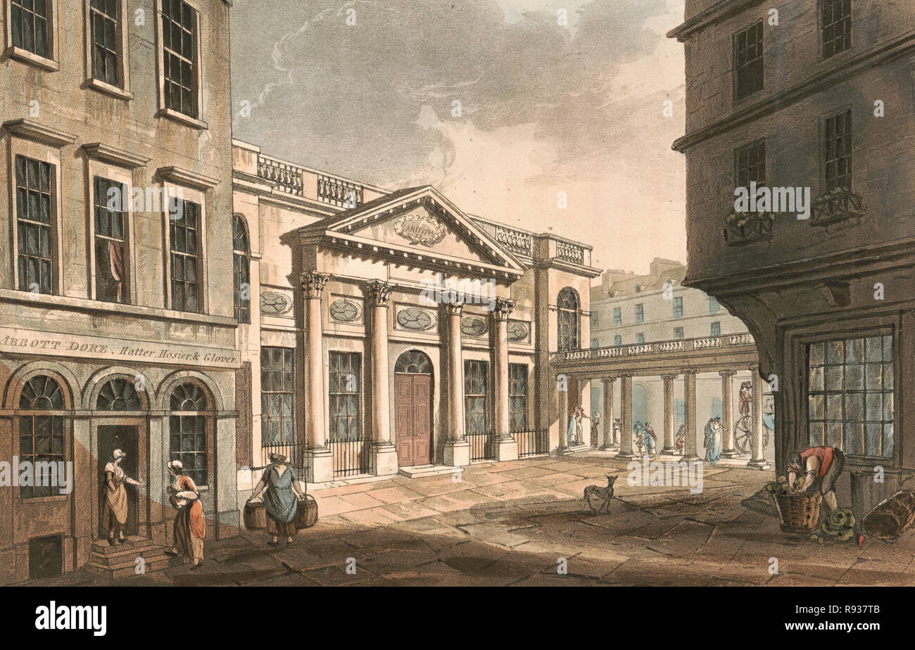 - La chambre de pompe - impression a des scène de rue à Bath, Angleterre, avec vue sur la salle des pompes, vers 1800 Banque D'Images