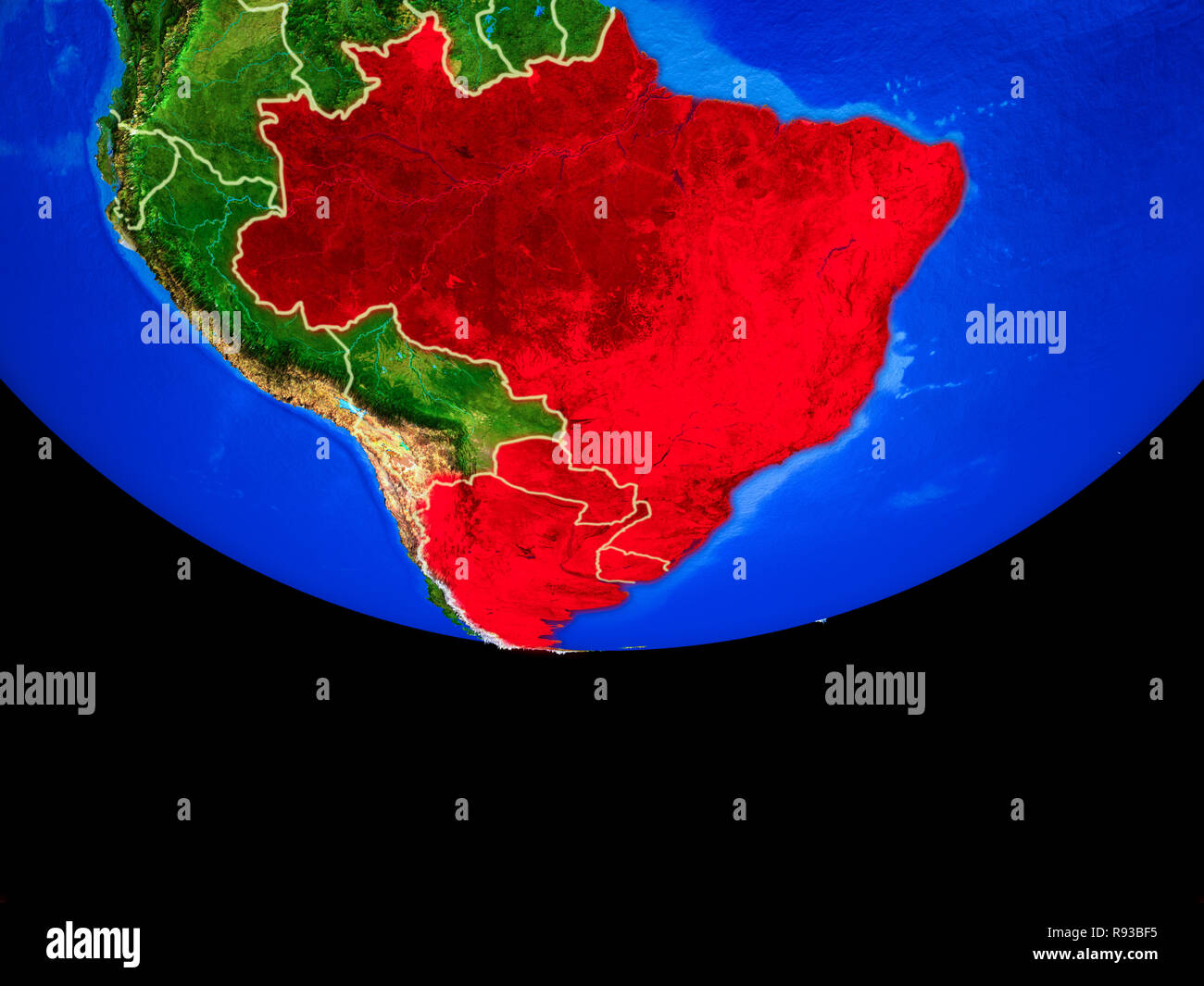 Les membres du Mercosur à partir de l'espace sur le modèle de la planète Terre avec des frontières du pays. 3D illustration. Éléments de cette image fournie par la NASA. Banque D'Images