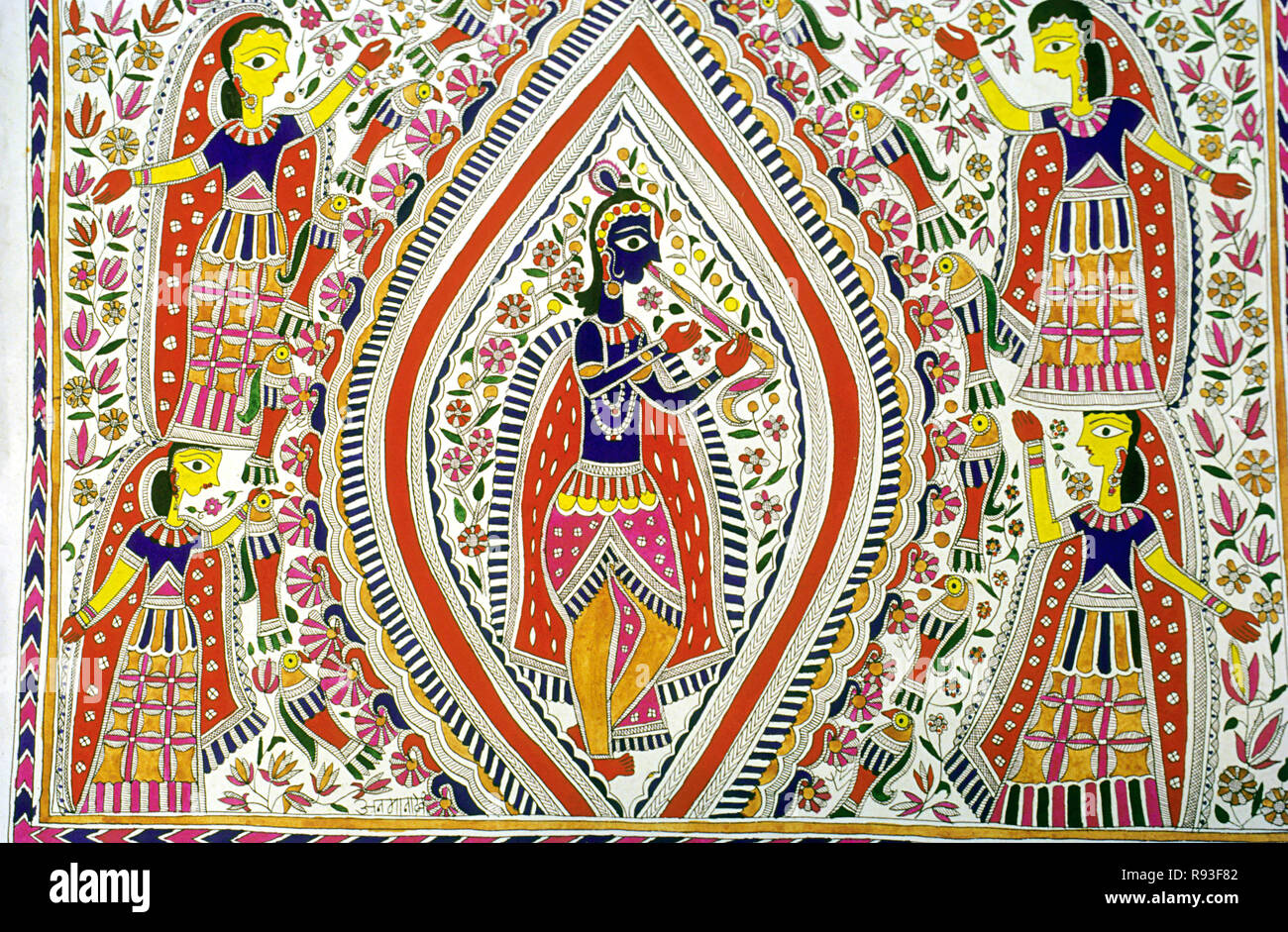 Madhubani peinture, le Seigneur Krishna jouant bansi bansuri ou Banque D'Images