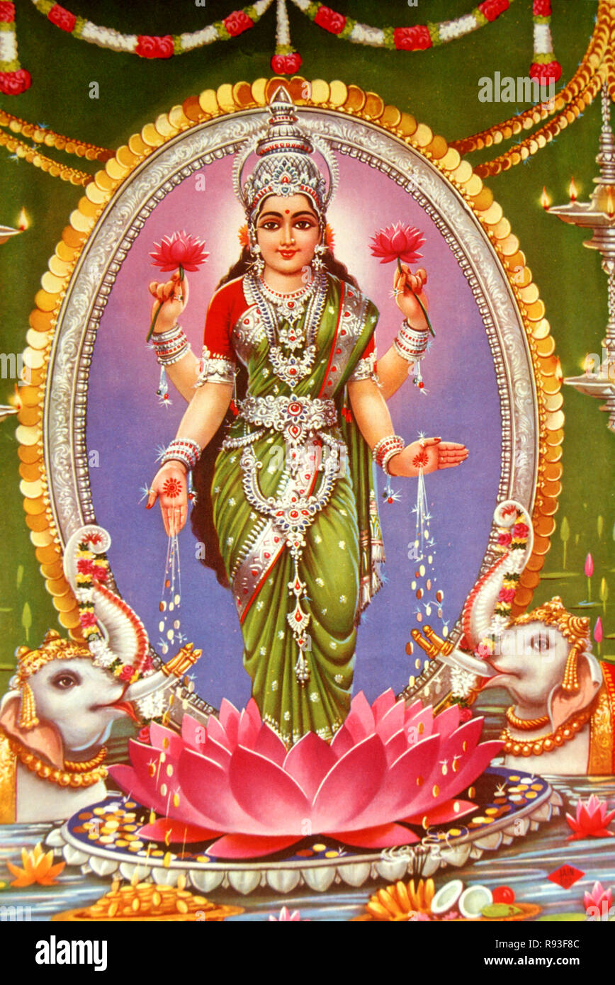 Déesse indienne , Lakshmi , Laxmi , déesse de la richesse , déesse de la pureté , déesse de la fortune , déesse du pouvoir , déesse de la beauté , déesse de la prospérité , déesse hindoue , debout sur lotus , Inde , Asie Banque D'Images