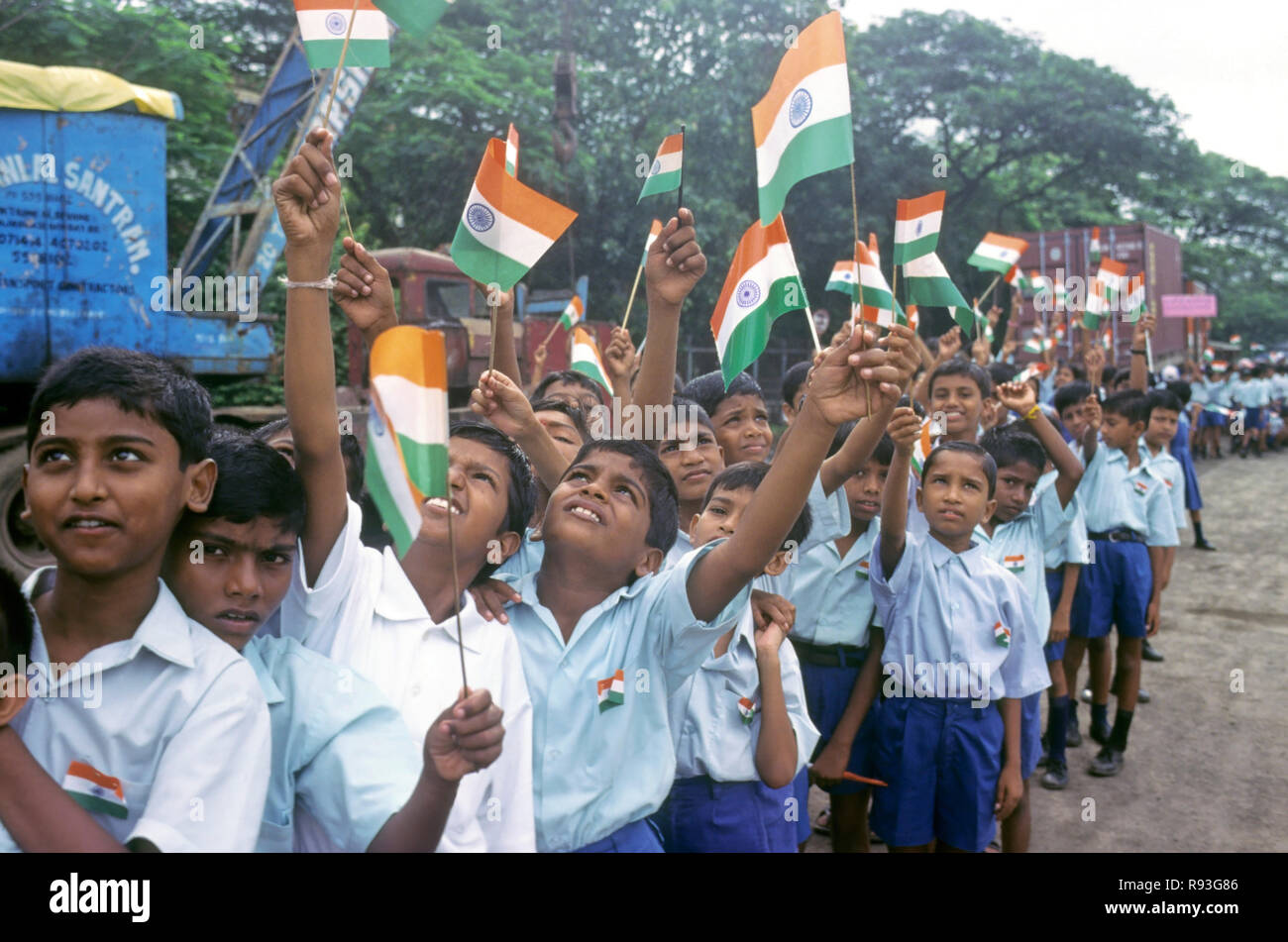 Enfants Enfants célébrant le jour de l'indépendance, Bombay Mumbai, Maharashtra, Inde Banque D'Images