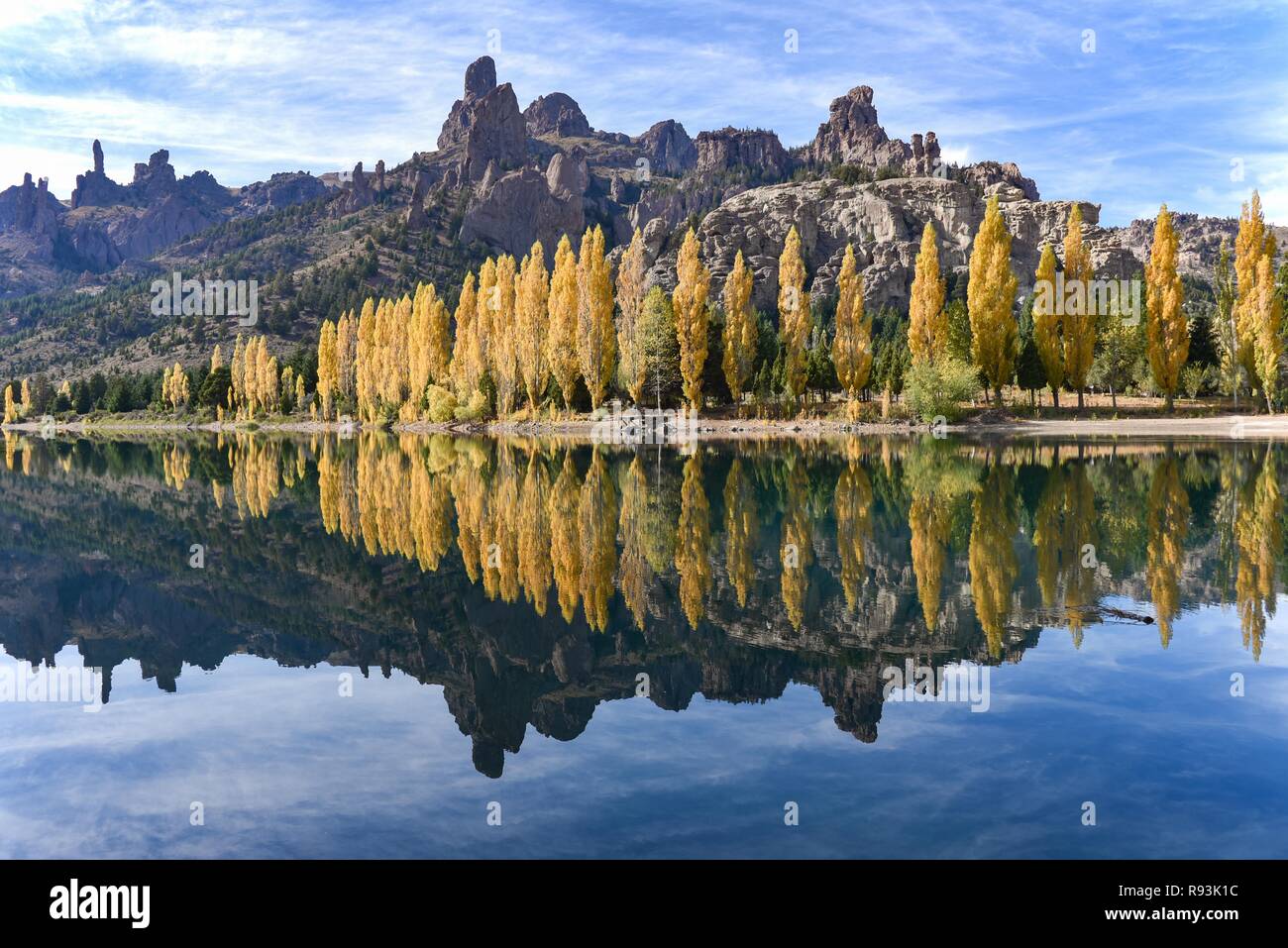 River Limay avec les peupliers en automne couleur à Bariloche, Ruta 40, Patagonie, Argentine Banque D'Images