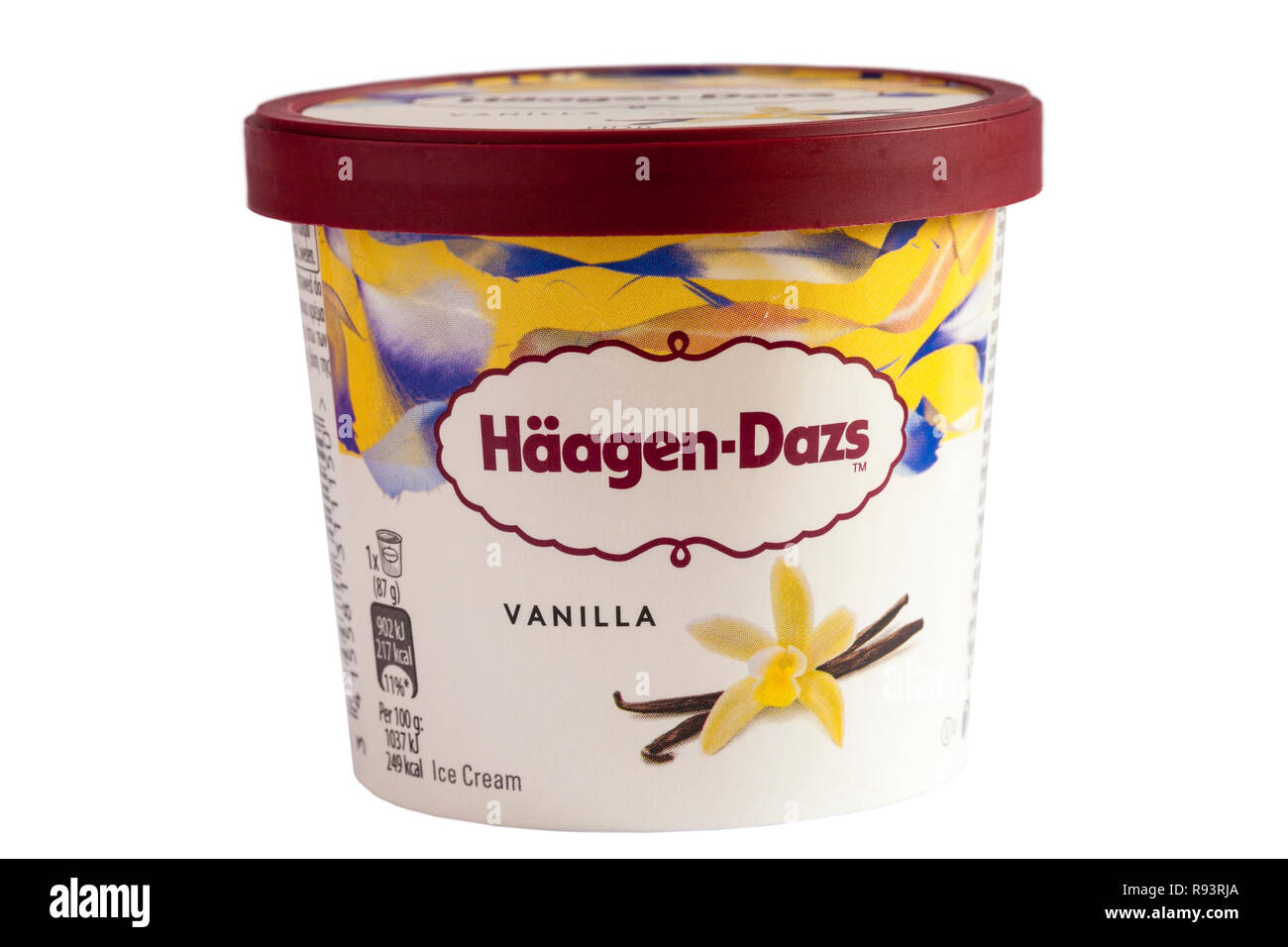 À Remous de Haagen-Dazs glace vanille, partie de nouvelle collection vanille mini tasses isolé sur fond blanc Banque D'Images