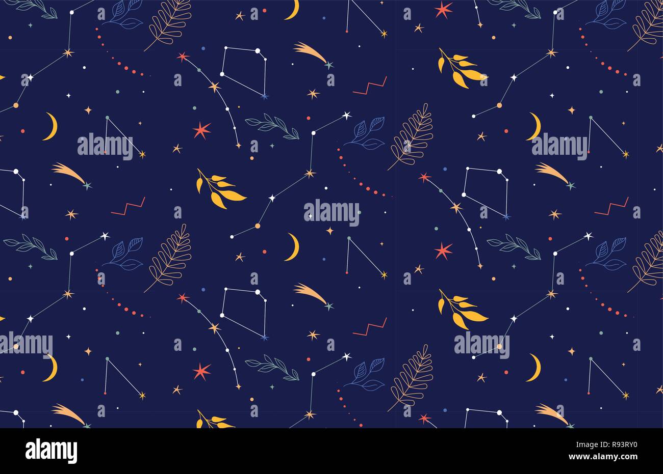 Modèle sans couture. Constellations Arrière-plan de nuit avec des étoiles, planents et laisse Illustration de Vecteur