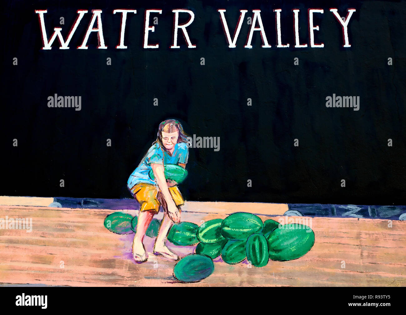 Une fresque de pastèque au centre-ville de Water Valley, Mississippi rend hommage à la réputation de la ville pour les pastèques. Banque D'Images