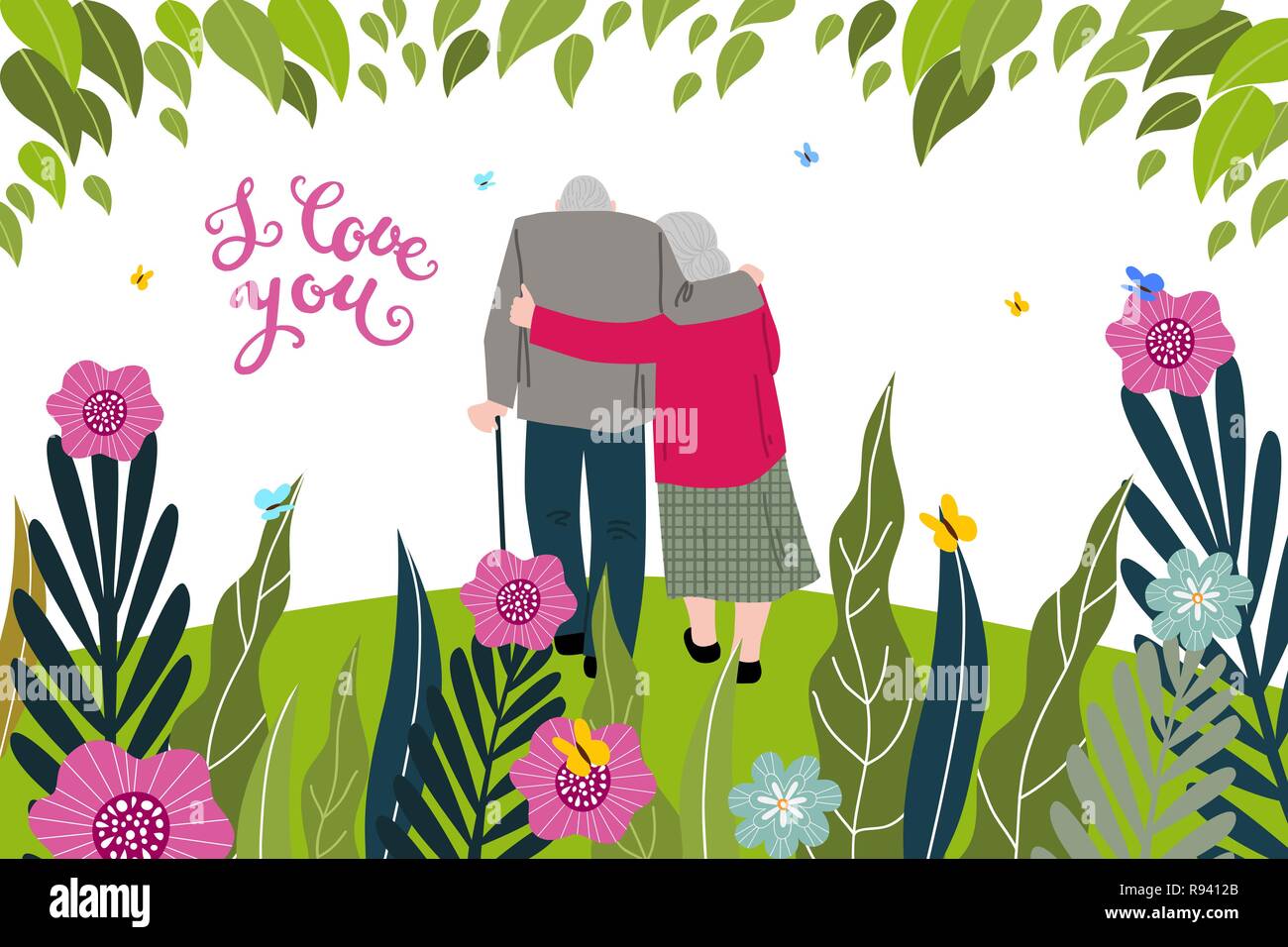 Je t'aime carte de souhaits avec couple et de fleurs, télévision vector illustration isolé sur fond blanc. Illustration de Vecteur