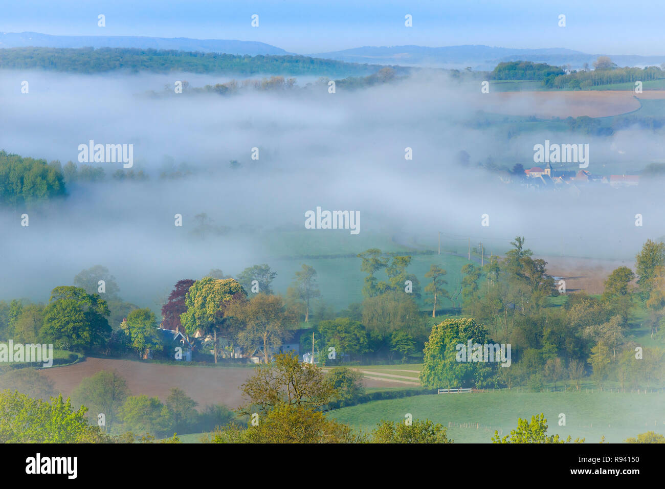 Terres agricoles, paysage sillonné de haies et arbres, bocage de la région de Boulogne (nord de la France) Banque D'Images