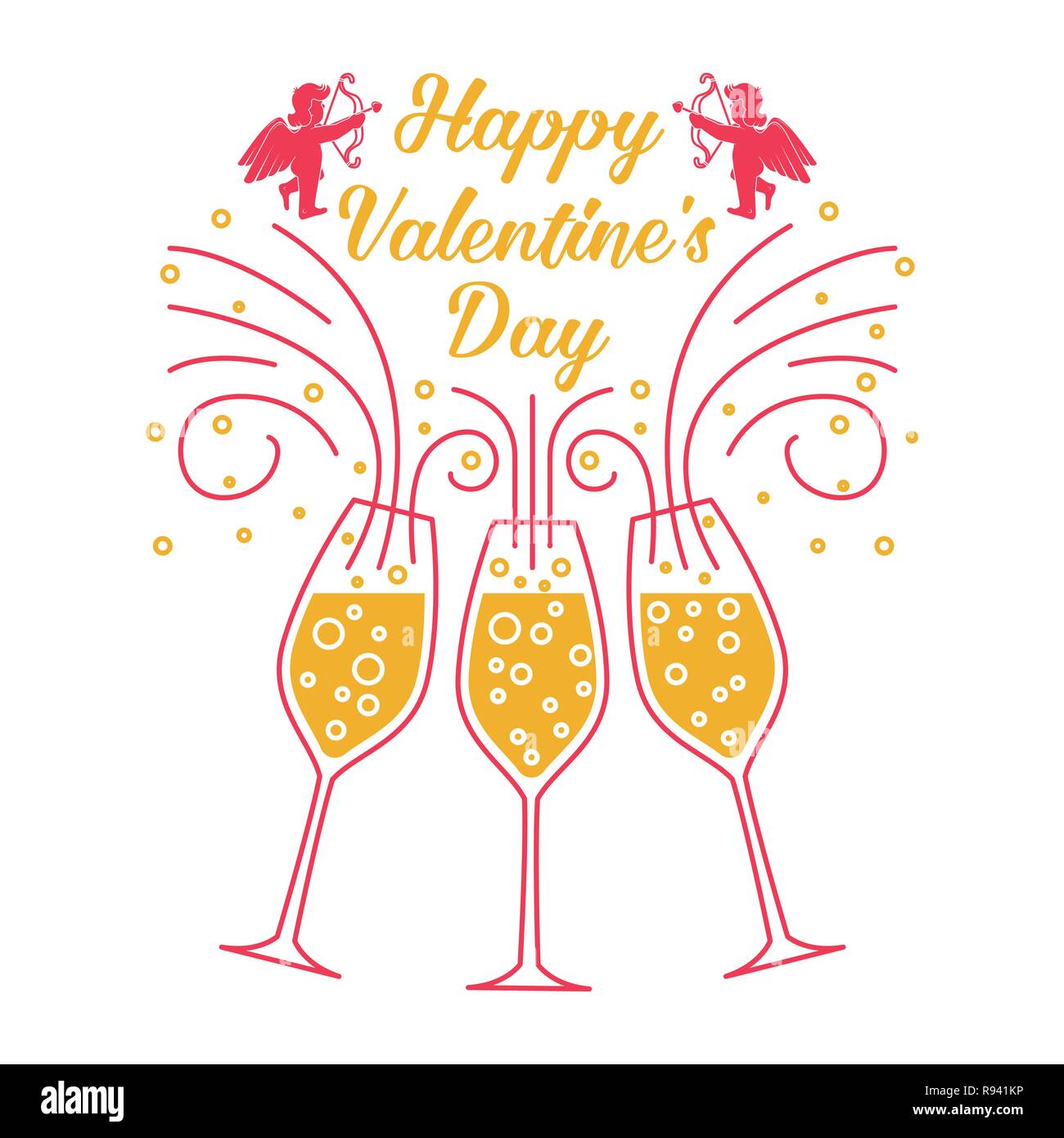 Happy Valentines Day. Stamp, badge, autocollant, carte avec verre de champagne et l'Amur bébé ange vecteur. Vintage design typographique pour des invitations, Valentines Day célébration romantique de style rétro de l'emblème Illustration de Vecteur