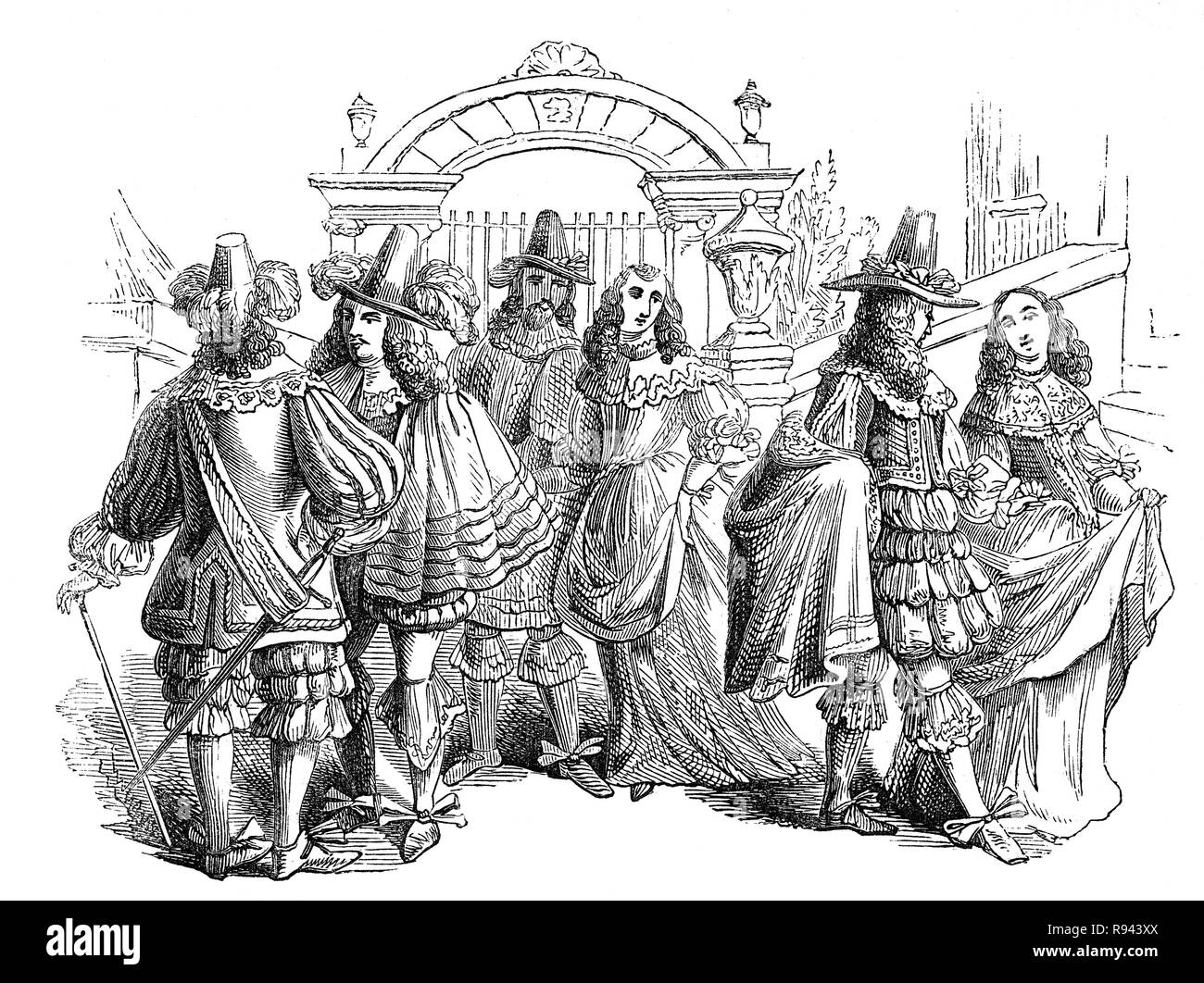 Costume porté par la noblesse et la gentry, ie courtiers pour le couronnement du roi Charles II en 1649, après la restauration de la monarchie. Banque D'Images