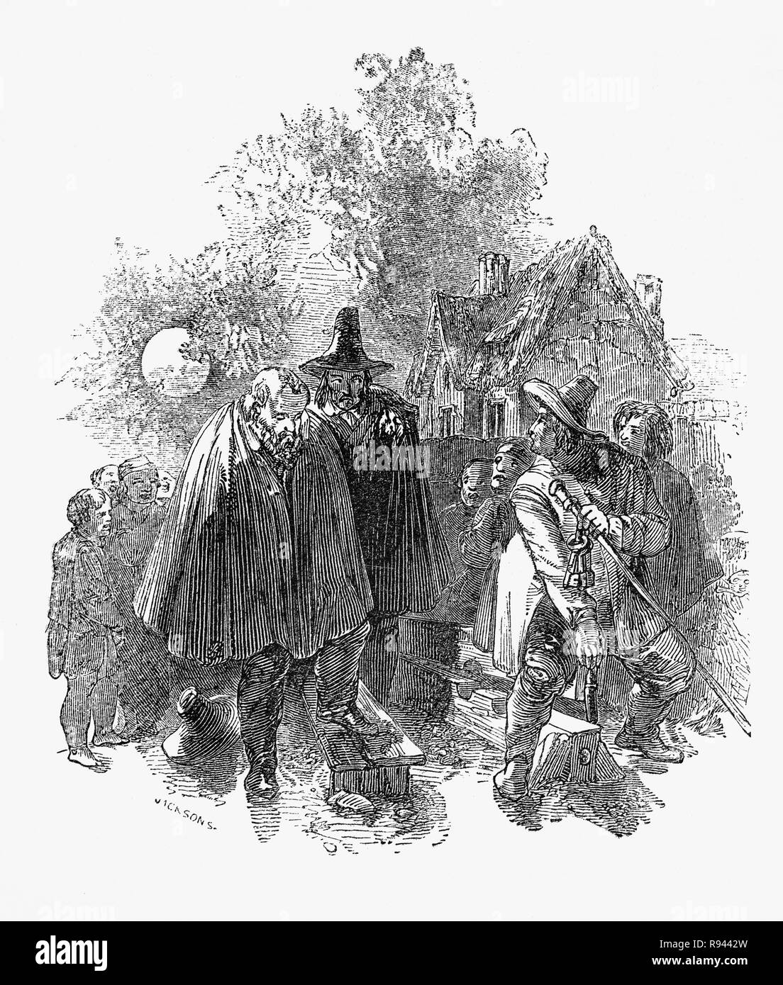Une scène d'Hudibras, une polémique satirique écrit par Samuel Butler (1613 - 1680), poète et satiriste, principalement contre les Parliamenterians,Roundheads, puritains, les Presbytériens et d'autres factions impliquées dans la guerre civile de 1642-1651. L'épopée raconte l'histoire de Sir Hudibras et son écuyer, Ralpho qui ride avant à partir de la Croix de chevalier de la maison de réforme de ce qu'ils appellent les péchés et ce que le reste du monde considère comme amusement légère. Finalement Hudibras et Raphoe sont libérés de ces stocks. Banque D'Images