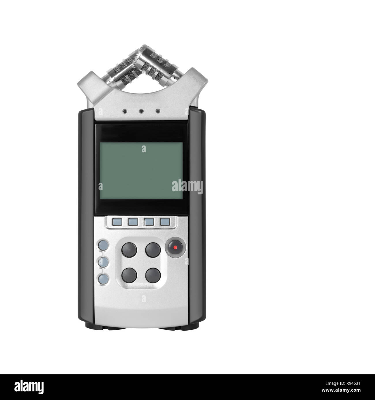 Périphérique audio électronique - vue avant Enregistreur numérique portable isolé sur un fond blanc. Banque D'Images