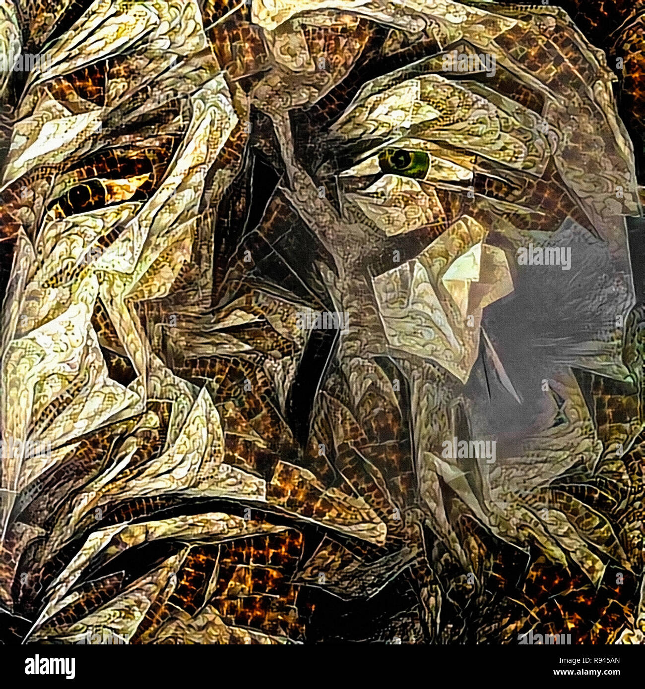 Visage de l'homme dans abstract pattern. Les yeux sages Banque D'Images