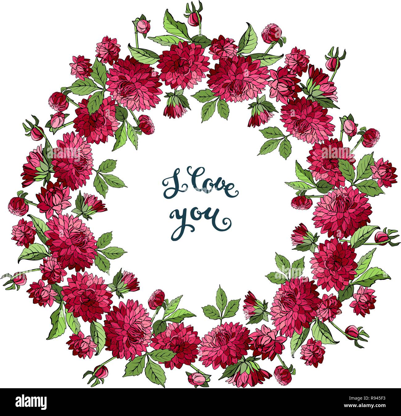 Dahlia rouge isolé guirlande de fleurs et j'aime le lettrage. Modèle de carte de souhaits à Valentine s Day, vector illustration Illustration de Vecteur