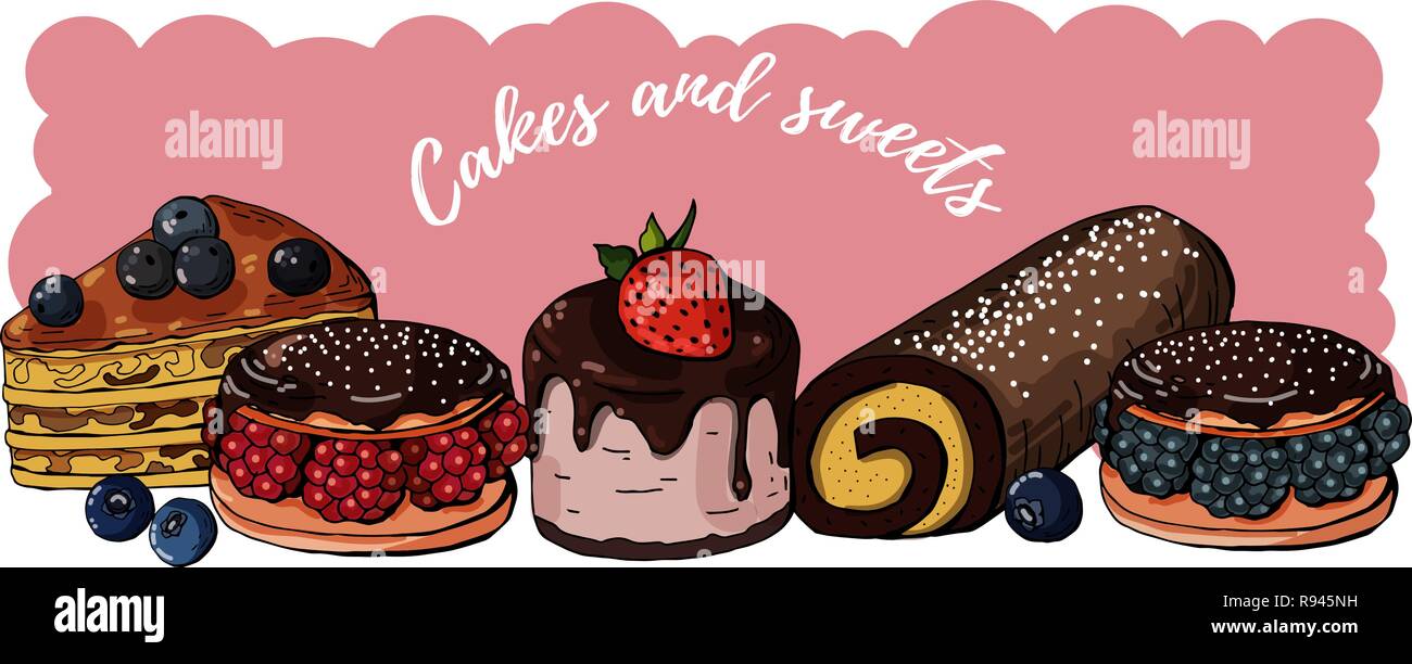 Vector hand drawn bannière colorée avec des bonbons, gâteaux background illustration horizontale. Illustration de Vecteur