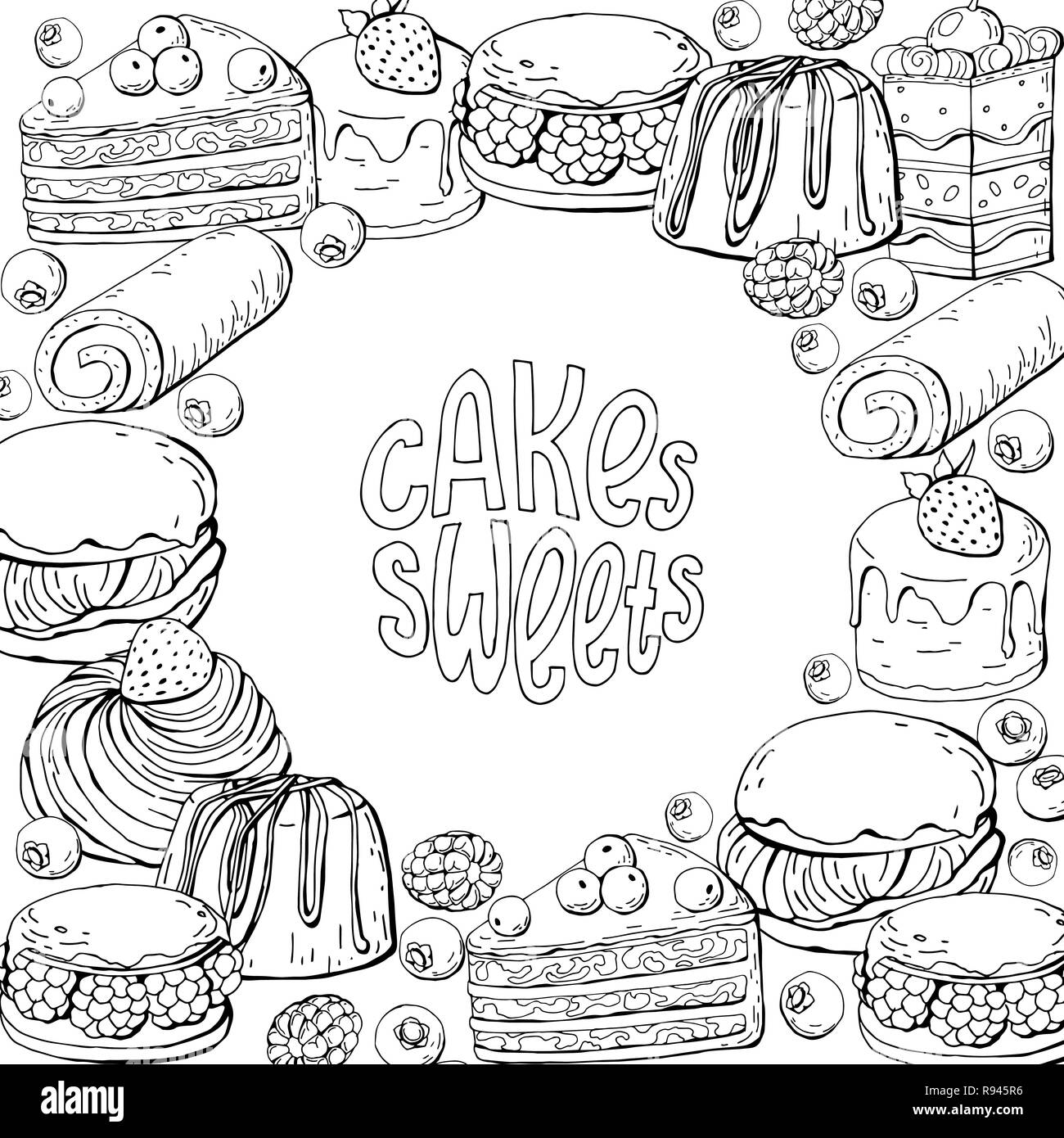 Modele Vectoriel Avec Monochrome Part Attirer Des Gateaux Sucres Et De Lettrage Pour Concevoir Des Depliants Et Affiches Noir Et Blanc Image Vectorielle Stock Alamy