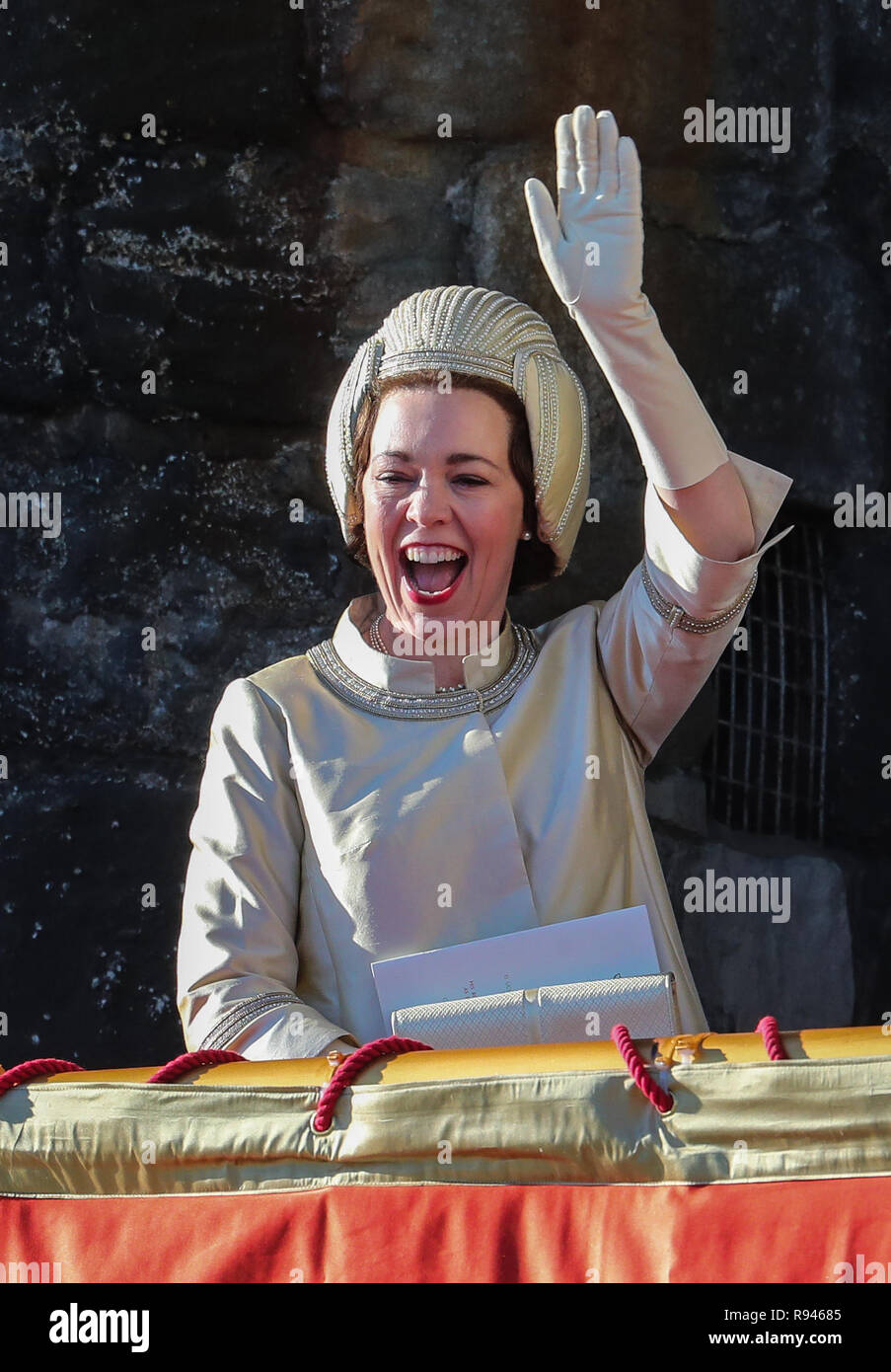 Olivia Colman, Josh O'Connor et Tobias Menzies film une scène pour l'art dramatique à Netflix Château de Caernarfon. La Reine présente le nouveau investi Prince de Galles à l'gallois de Queen Eleanor's Gate. Avec : Olivia Colman Où : Caernafon, Royaume-Uni Quand : 18 novembre 2018 Source : WENN.com Banque D'Images