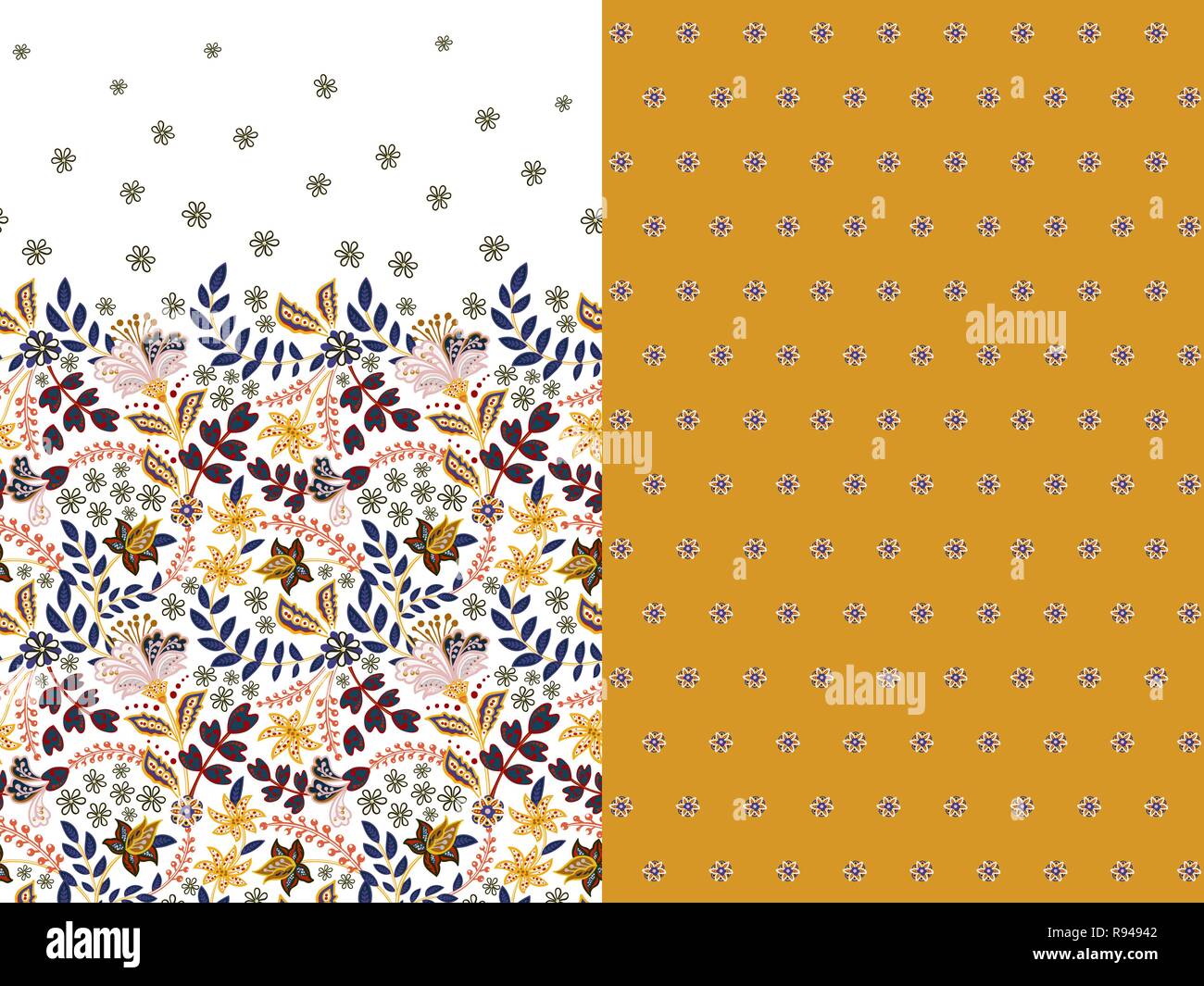 Ensemble de deux motif floral transparent horizontal avec paisley et fantasy fleurs frontière. La texture à la main pour les vêtements, les draps, le tissu de la robe jaune etc. Illustration de Vecteur