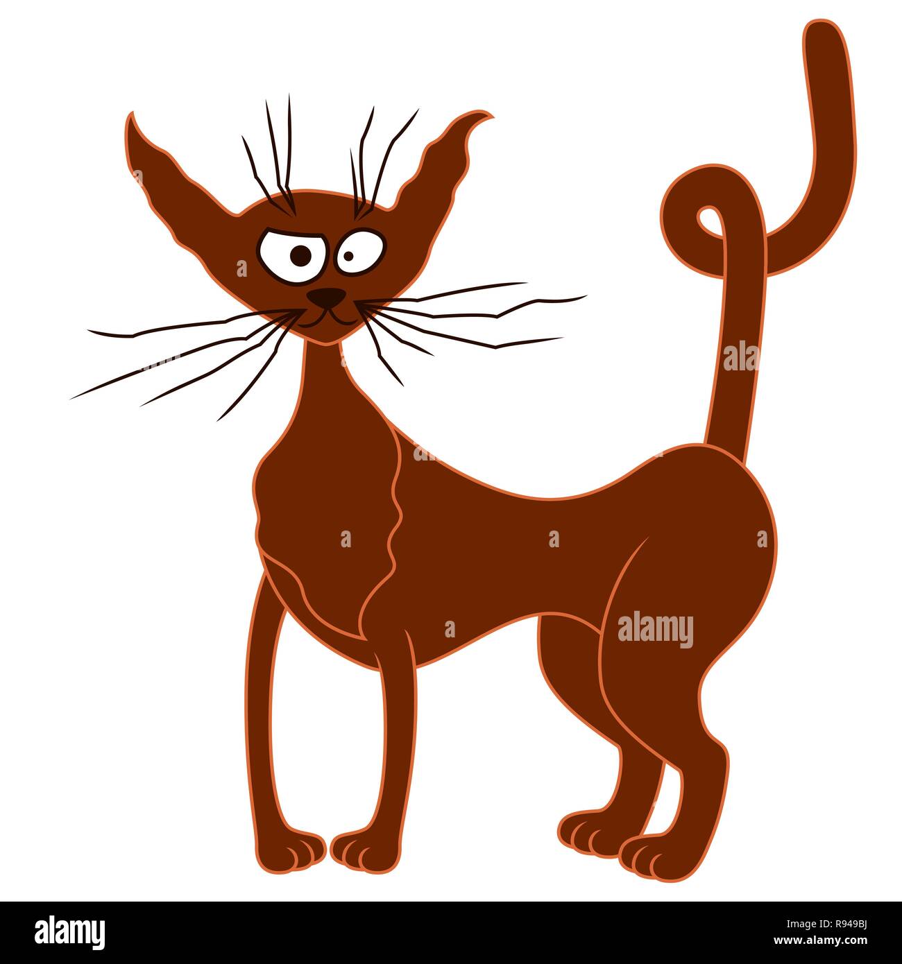 Amusant et drôle chat brun avec des moustaches de bande dessinée et les oreilles et queue torsadée, vecteur de dessin à main isolé sur fond blanc Illustration de Vecteur
