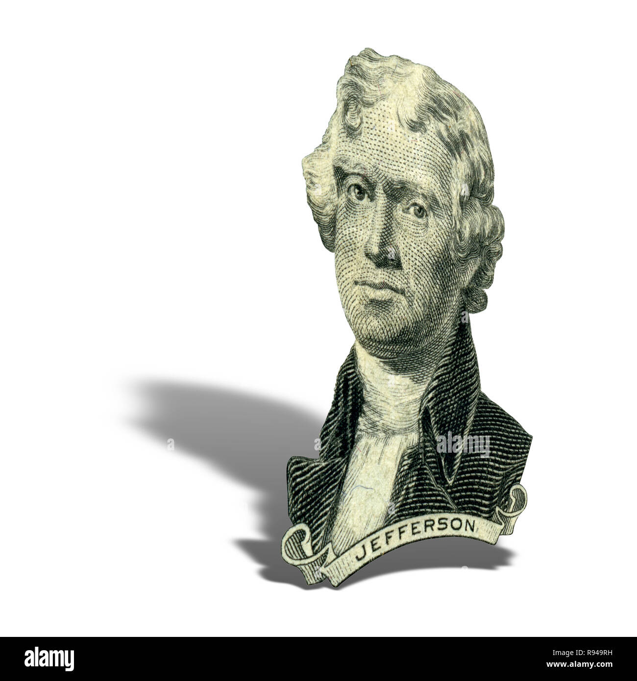 Portrait de l'ancien président américain Thomas Jefferson comme il a l'air sur deux dollar bill avers. Photo à un angle de 15 degrés, avec une ombre. Banque D'Images