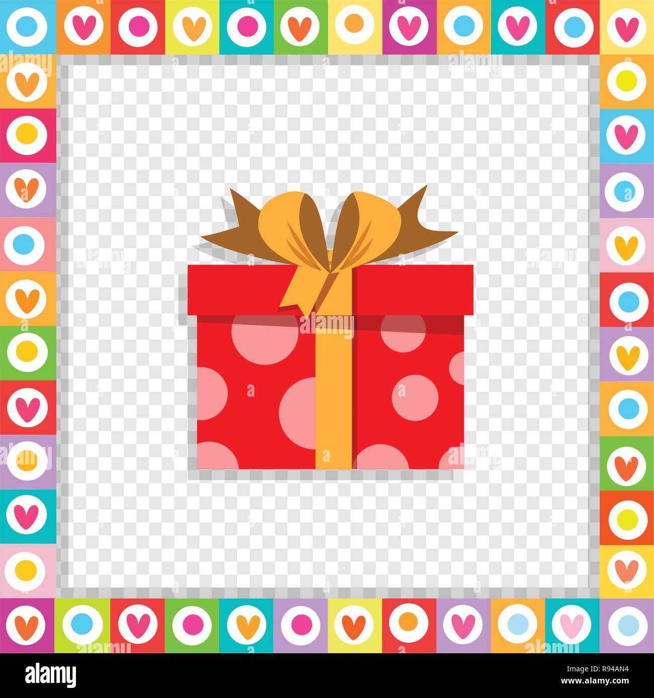 Vector illustration of cute cartoon red gift box enveloppé de ruban de fête encadrée avec coeur isolé à la frontière. L'icône actuelle, anniversaire, logo weddin Illustration de Vecteur