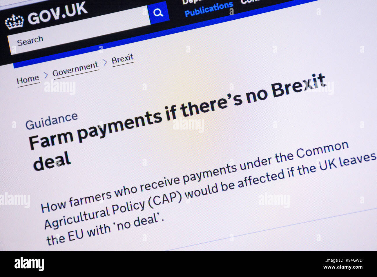 Capture d'écran de l'ordinateur de la gov.uk site montrant des conseils et de l'information sur les paiements agricoles s'il n'y a pas beaucoup Brexit Banque D'Images