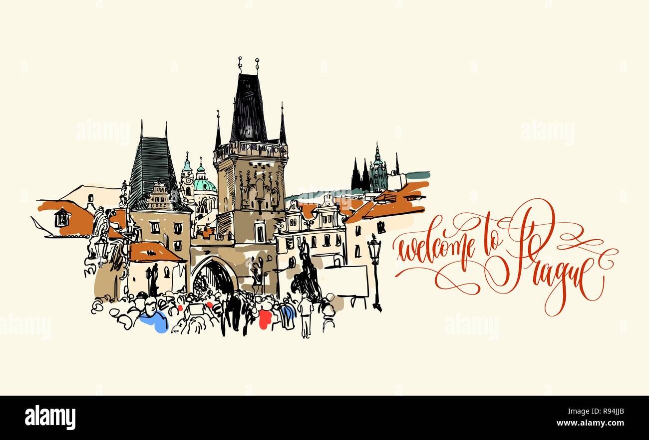 Bienvenue à Prague - carte de voyage avec tour du Pont Charles Illustration de Vecteur