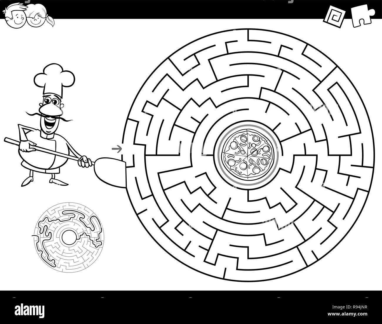 Illustration Cartoon noir et blanc de l'éducation ou l'activité Labyrinthe Labyrinthe jeu pour les enfants avec le Chef et livre de coloriage Pizza Illustration de Vecteur